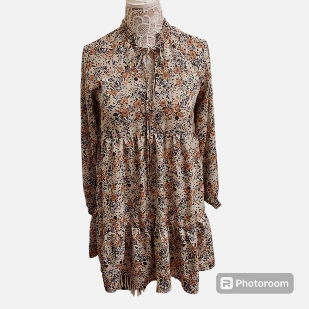 SHEIN Ditsy Floral Smocked Neck Long Sleeve Boho Flowy Dress